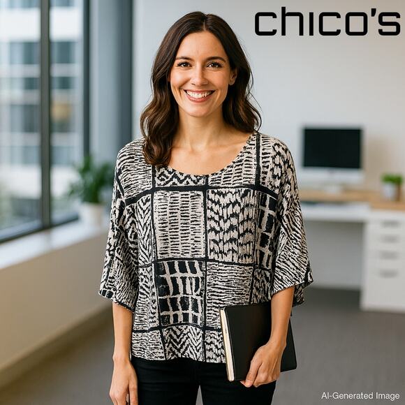 Chico’s Poncho Top Black White Geometric Print Women’s S/M Flowy Blouse - Picture 1 of 13